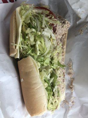 Small Tuna Sub was STUFFED with tuna salad, provolone, shredded lettuce, tomato! DELISH!