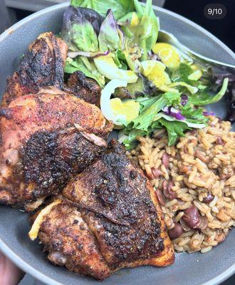 Baked chicken, Red Beans and Rice and Garden Salad