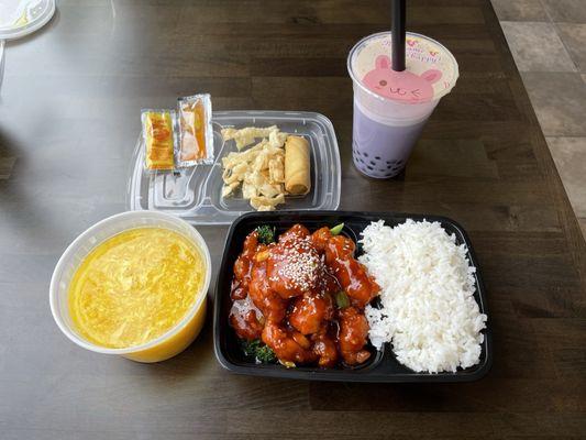 Sesame Chicken lunch special included egg drop soup and one spring roll.  Taro bubble tea purchased separately. (3.7.24)