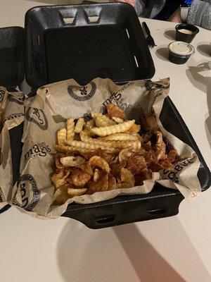 Grilled tenders (3 pcs) with chips and fries.