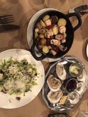 Clockwise: octopus, oysters, Shaved Brussels Sprout Salad