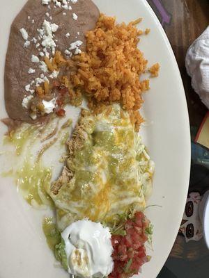 Awesome chicken enchiladas Verde. It has a very nice spice to it.