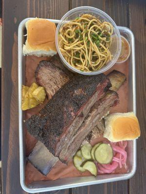 Brisket, Dino rib and garlic noodles