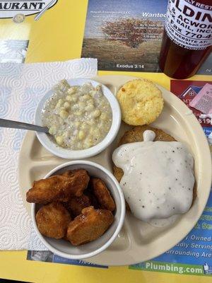 Country fried steak with gravy  Corn  Fried squash  Mashed potatoes