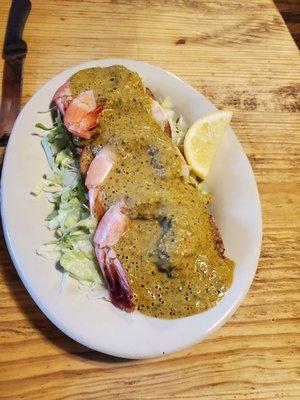 Fried green tomatoes with temoulaode sauce and shrimp