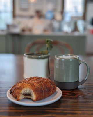 Coffee and chocolate croissant.