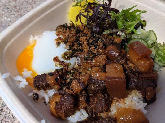 J-Sei Friends pop-up - El Chino Grande - Lu Rou Fan: Shoyu Braised Pork Belly with Rice, Soft Egg, Pickles, Cabbage Slaw, Nori Sesame Crunch