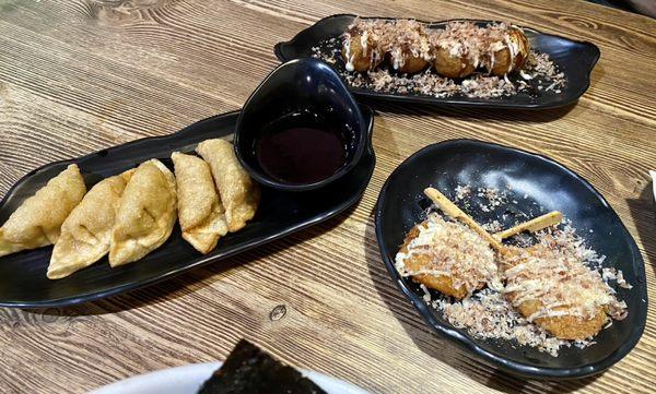 Yaki Gyoza, Shrimp Skewer, takoyaki