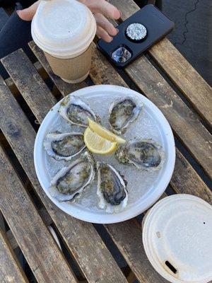 Oysters and locally roasted coffee.