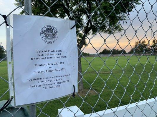 Field closed for renovation for the summer til 08.26.22