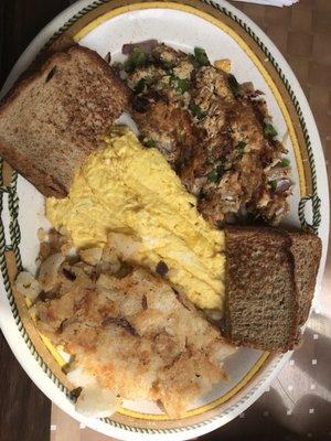 Salmon with onions and peppers and scrambled eggs