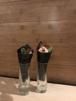 Unagi & Avocado hand roll (L), Get the Soft Shell Crab hand roll (R)