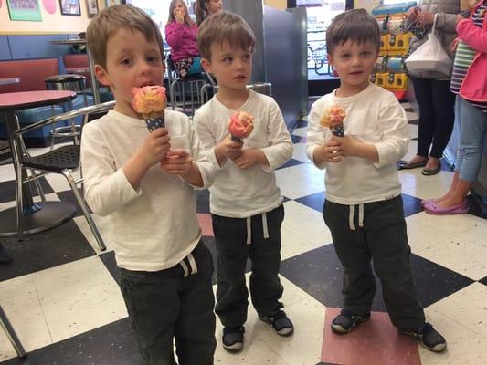 Happy triplets enjoying their ice cream.  Great job boys.  Thanks!