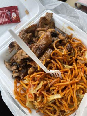 Chow mein and teriyaki chicken.