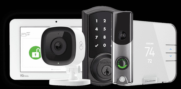 Alarm.com indoor and doorbell cam w/doorlocks and Qolsys panel and thermostat