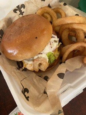 Shrimp Burger with Onion Rings!