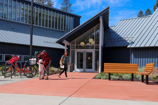 Bike parking and seating in the main walkway.