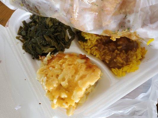 Mac and cheese, Collards and a bed of rice & gravy