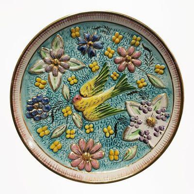 On sale for $45! 1940's Belgian Henri Bequet Majolica Pottery Raised Relief Bird/Floral Motifs Wall Plate!