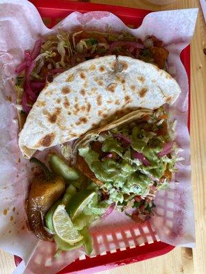 Fish taco with shrimp quesadilla.