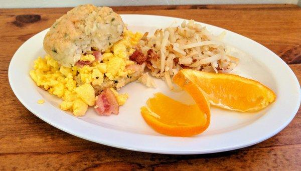 Breakfast Sandwich made on a Homemade Savory Biscuit with Bacon and Hash browns