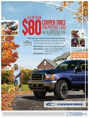 Get a prepaid Visa card with the purchase of 4 new Cooper Tires!! 8/23 - 11/5