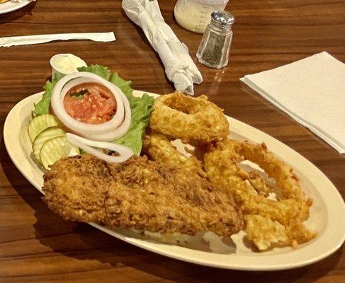 Pork tenderloin and onion rings, both hand breaded!