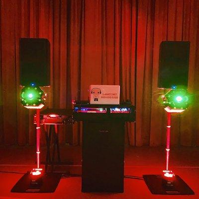 Rane 72, Rane 12, American DJ Stinger 2 series lights, Gravity Stand for the QSC K12.2 2000 watt speakers and Chauvet Tri 6 uplights.