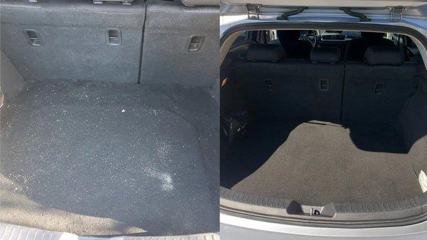 Before and after of trunk that was covered in a layer of sand and pet hair