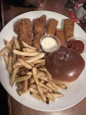 2 kids meals combined ( Kids burger and fries and Chicken Fingers with Mozzarella Sticks)