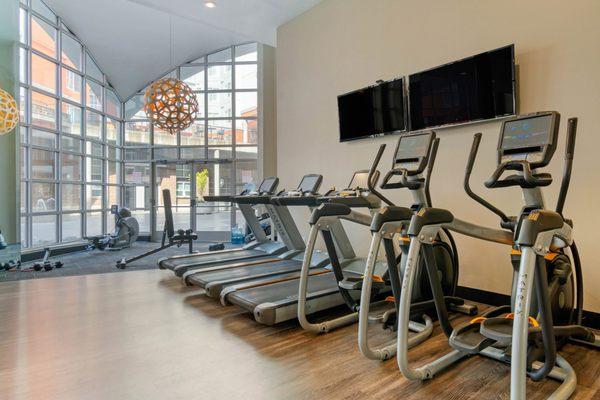 Fitness center with cardio and strength training equipment.