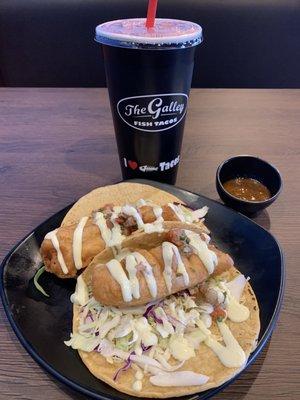 Ensenada beer battered fish tacos and agua de jamaica.