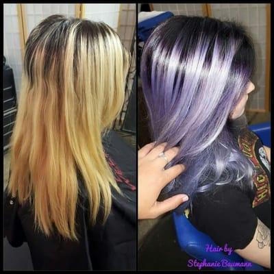 One of my favorite color melts! Deep violet brown roots with silver lavendar