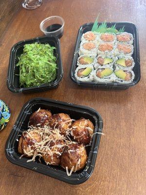 Seaweed Salad Spicy Tuna Roll 6 Piece Fried Octopus Ball