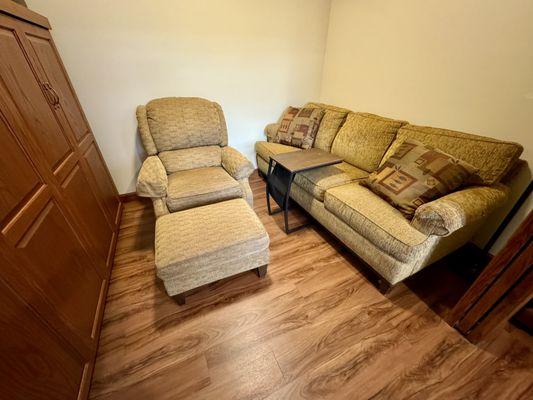 Family alcove with fold-out murphy-bed in each patient room. The alcove  has pocket doors for privacy.