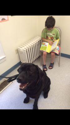 My son reading in one of the exam rooms while my dog eagerly awaits the vet tech.