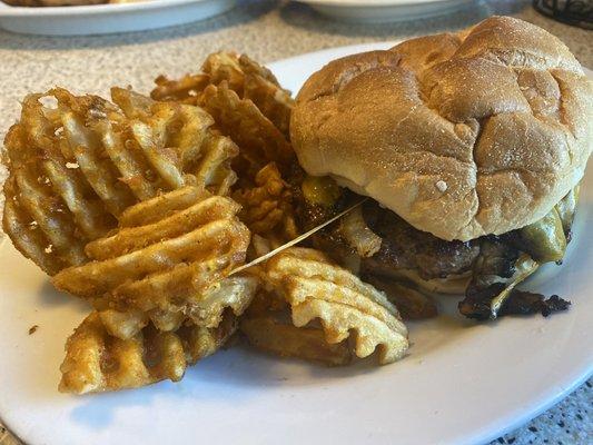 London Broil Burger and Waffle Fries