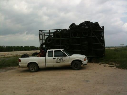 Emilio's truck. And a bunch of tires.