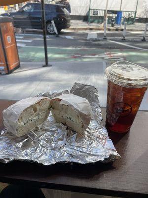 Everything bagel with jalapeño cream cheese & iced coffee