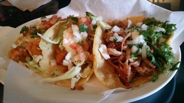 Fish, shrimp, and carnitas tacos... I only liked the carnitas.  Go with the meats, not seafood.