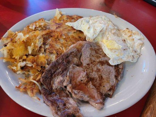 Hungry Prospector with hash browns and over easy eggs