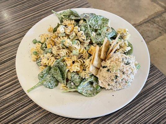 "Not Your Momma's Macaroni Salad" with a scoop of tuna salad