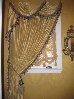 Drapery Panel with Decorative Holdback & Tassel Tieback, with Swag & Jabots over Austrian Shade