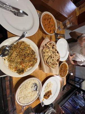 Lamb biryani, tikka masala, chicken curry