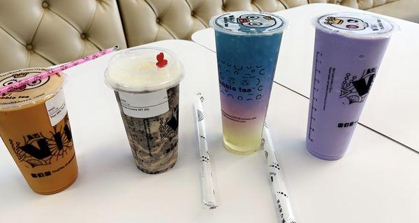 Thai Tea, Oreo Creme Brûlée, Blue Galaxy, and Taro Slush