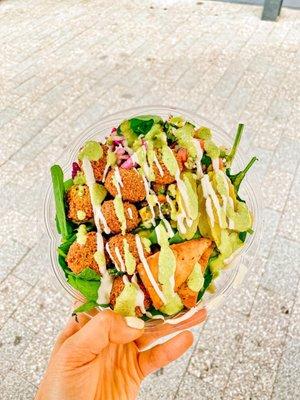 Falafel Bowl with Mazbout and Invisible sauce drizzled