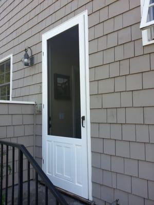 Wood swinging screen door with large dog door