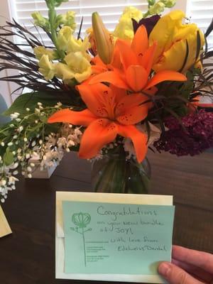 Flowers the office sent to our home after the birth of our first child. They pay attention to all details, of both you and your teeth!