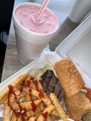 Sirloin steak sandwich dinner, strawberry shake