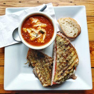 The Roman (hot sandwich) with a cup of tomato bisque - Top view